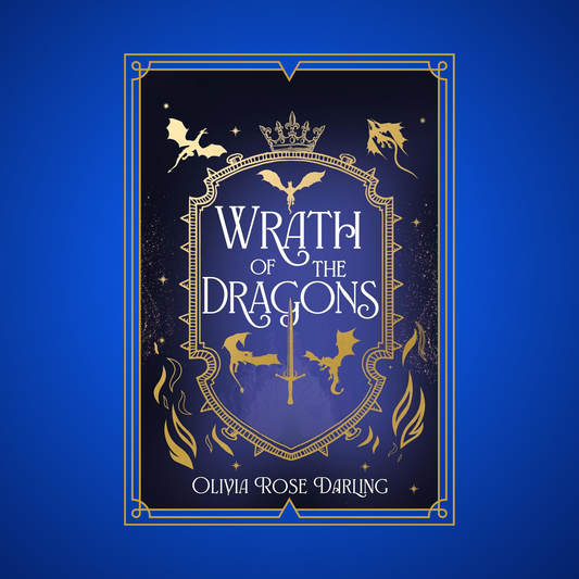 Book cover Wrath of the Dragons with dragon and sword images on a blue background