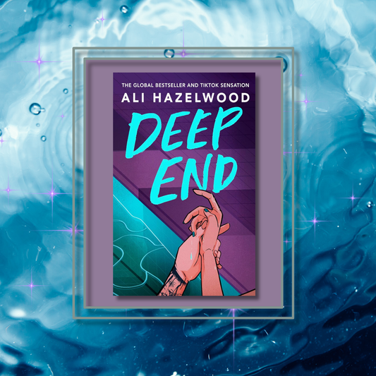 Romance novel Deep End by Ali Hazelwood, featuring the book cover with a photo background inspired by its artwork.