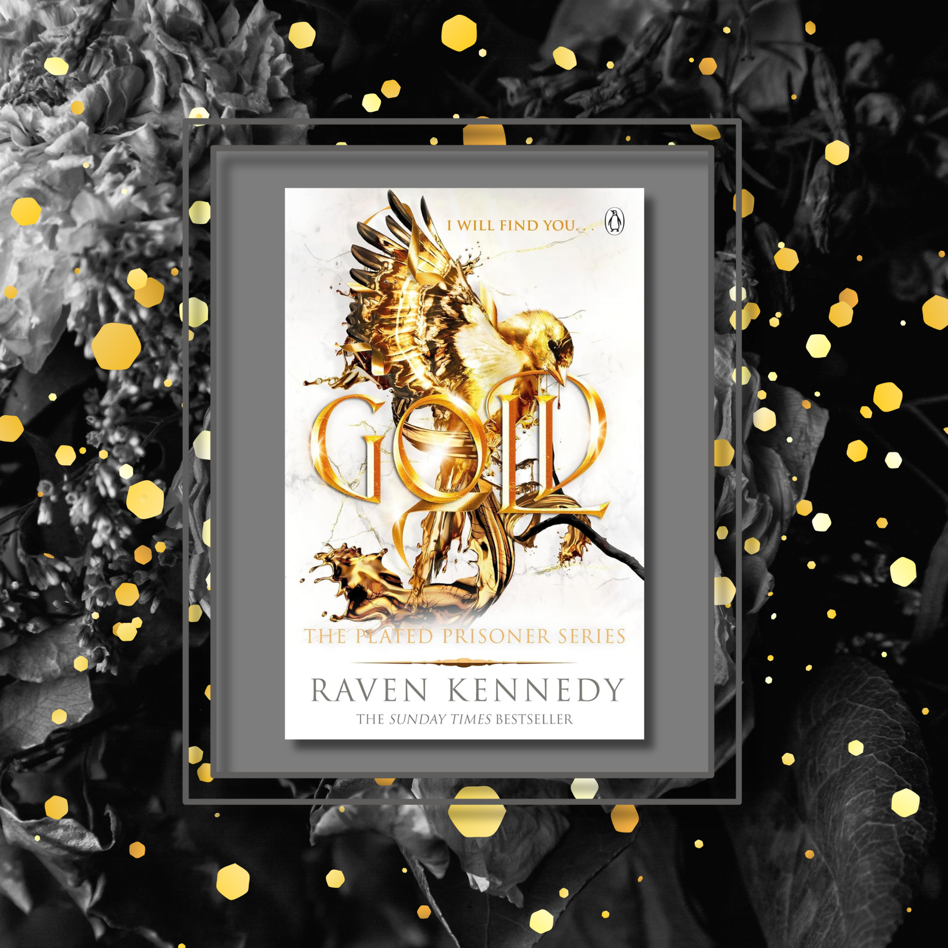 Gold book cover on a moody background