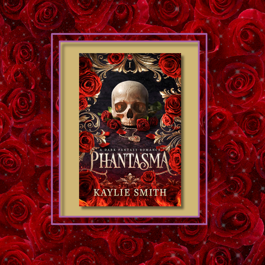 Dark romance novel Phantasma by Kaylie Smith, featuring the book cover with a photo background inspired by its artwork.