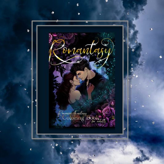 Romantasy colouring book, featuring the book cover with a photo background inspired by its artwork.
