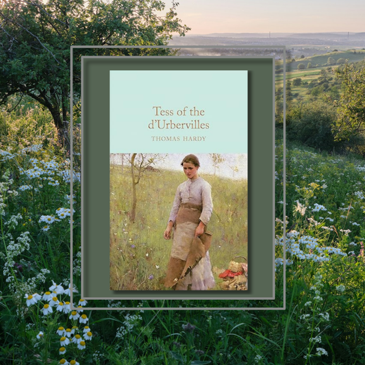 Classic Novel Tess of the d'Ubervilles by Thomas Hardy featuring the book cover with a photo background inspired by its artwork.