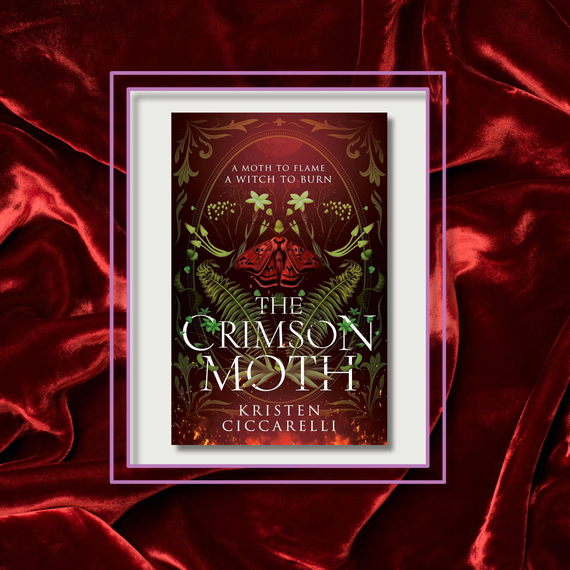 the_crimson_moth_by_kristen_ciccarelli book cover on a red velvet background