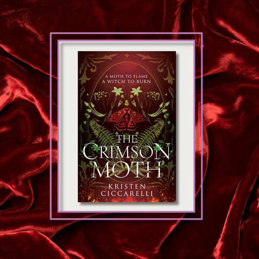 the_crimson_moth_by_kristen_ciccarelli book cover on a red velvet background