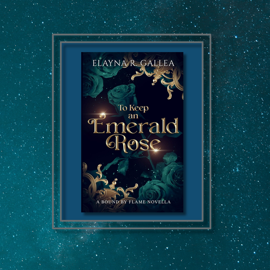 Fantasy novel To Keep an Emerald Rose by Elayna R. Gallea featuring the book cover with a photo background inspired by its artwork.