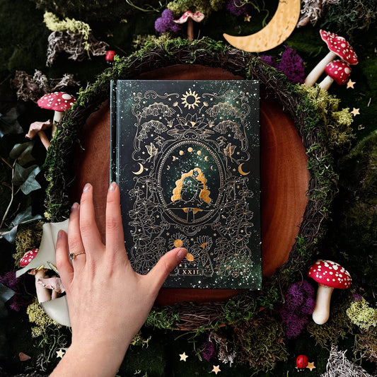 Dark green journal with intricate gold patterns, shown on a forest fantasy flat lay with a hand on top.